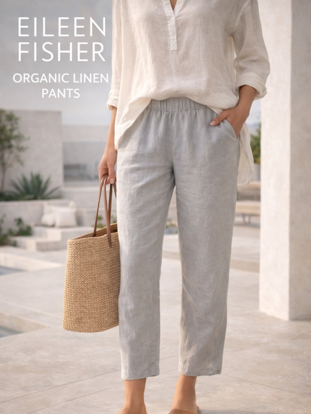 Eileen Fisher Organic Linen Pants Gray Pull On Elastic Waist Tapered Crop Medium